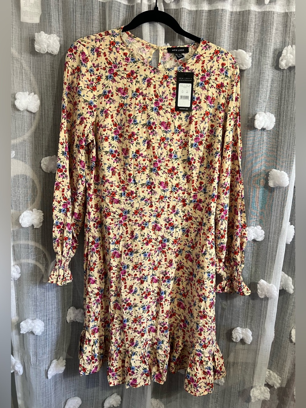 New Look Cream Floral Long Sleeve Ruffle Hem Dress